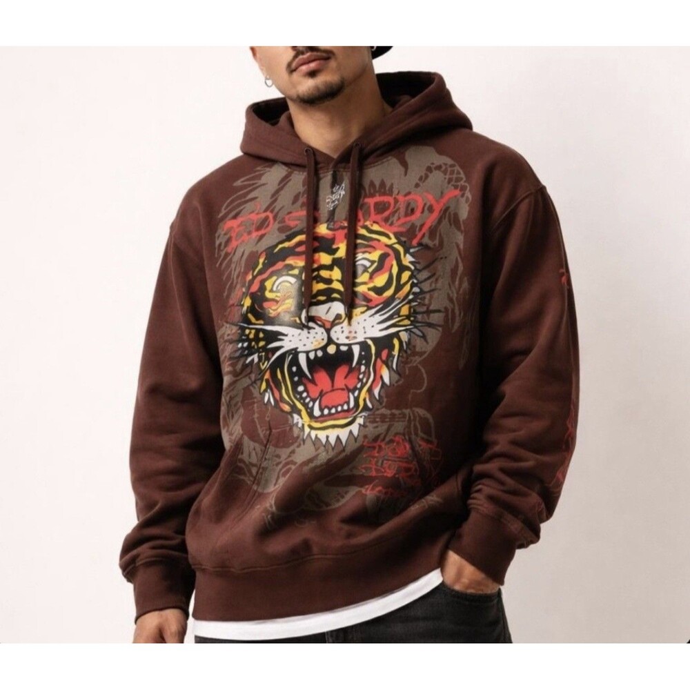 Ed Hardy Brown Tiger Hoodie Large NWT Red Logo Y2K Los Angeles Designer Y2K VTG